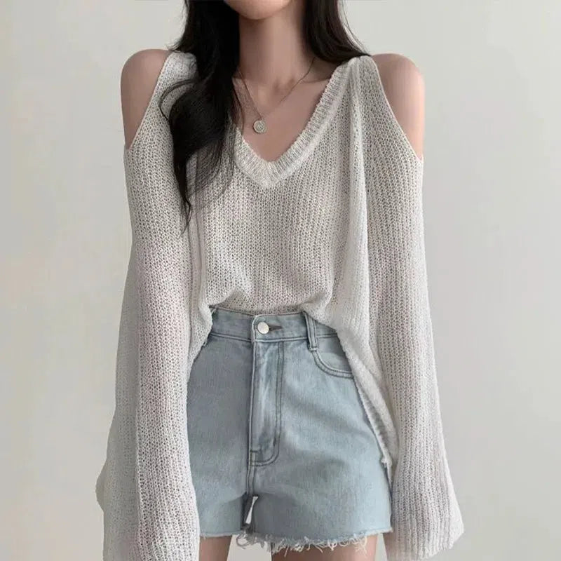 Stylish Work Outfits, Outfit Summer Ideas Cut-Out Shoulder Loose Knit Sweater Stylish Work Outfits, Outfit Summer Ideas Cut-Out Shoulder Loose Knit Sweater