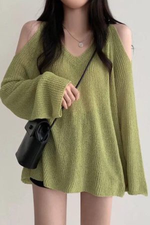 Stylish Work Outfits, Outfit Summer Ideas Cut-Out Shoulder Loose Knit Sweater