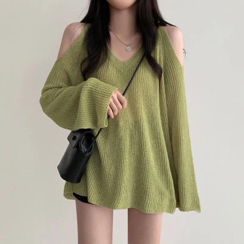 Stylish Work Outfits, Outfit Summer Ideas Cut-Out Shoulder Loose Knit Sweater