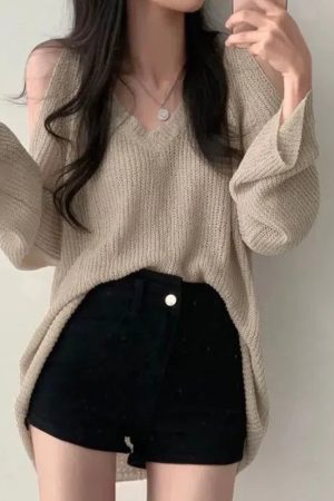 Stylish Work Outfits, Outfit Summer Ideas Cut-Out Shoulder Loose Knit Sweater
