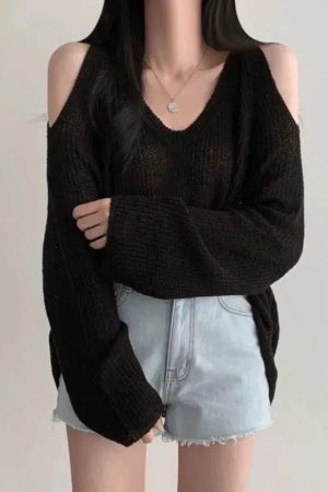 Stylish Work Outfits, Outfit Summer Ideas Cut-Out Shoulder Loose Knit Sweater