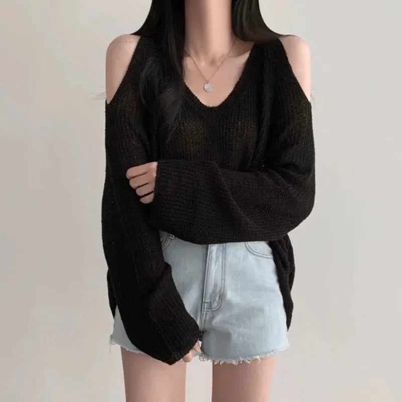 Stylish Work Outfits, Outfit Summer Ideas Cut-Out Shoulder Loose Knit Sweater Stylish Work Outfits, Outfit Summer Ideas Cut-Out Shoulder Loose Knit Sweater