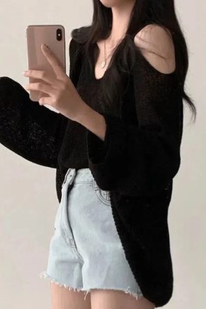 Stylish Work Outfits, Outfit Summer Ideas Cut-Out Shoulder Loose Knit Sweater