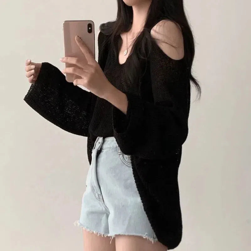 Stylish Work Outfits, Outfit Summer Ideas Cut-Out Shoulder Loose Knit Sweater Stylish Work Outfits, Outfit Summer Ideas Cut-Out Shoulder Loose Knit Sweater