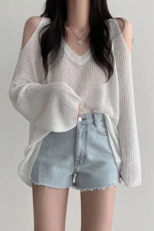 Stylish Work Outfits, Outfit Summer Ideas Cut-Out Shoulder Loose Knit Sweater