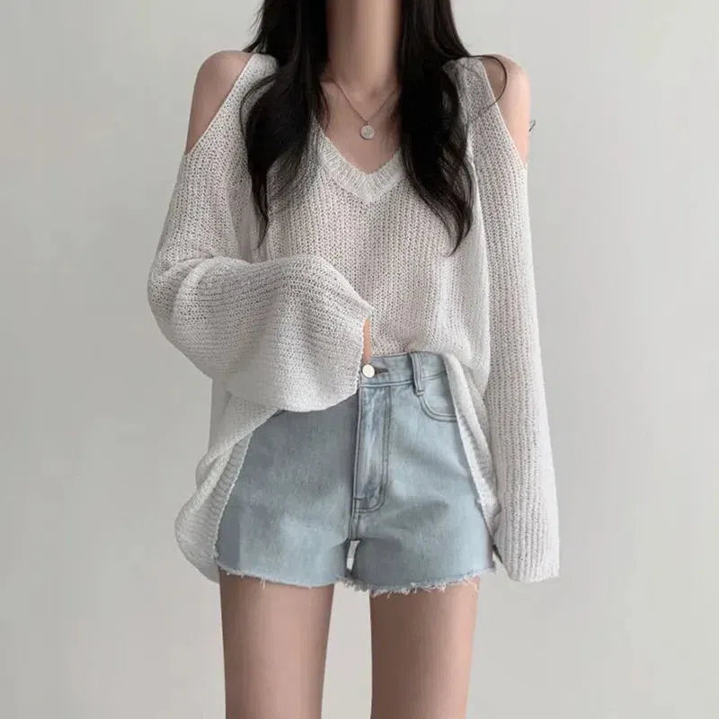 Stylish Work Outfits, Outfit Summer Ideas Cut-Out Shoulder Loose Knit Sweater Stylish Work Outfits, Outfit Summer Ideas Cut-Out Shoulder Loose Knit Sweater