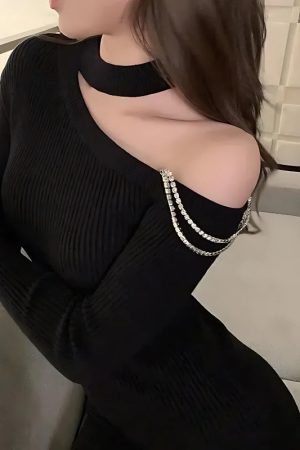 Stylish Work Outfits, Outfit Summer Ideas Cut Out Shoulder Rhinestone Mini Dress