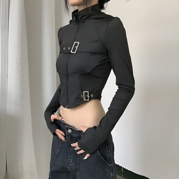 Stylish Work Outfits, Outfit Summer Ideas Cyberpunk Belted Zip-Up Crop Jacket