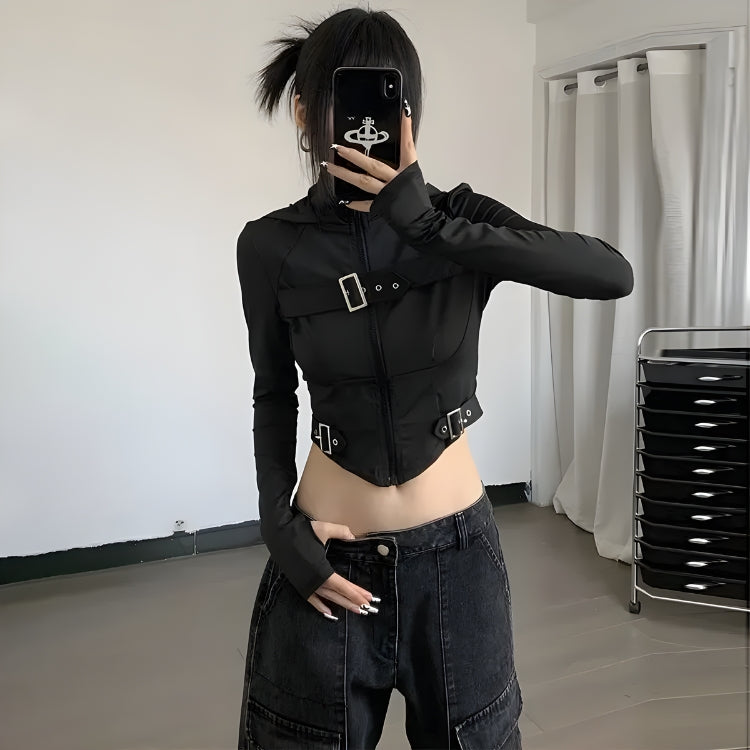 Stylish Work Outfits, Outfit Summer Ideas Cyberpunk Belted Zip-Up Crop Jacket Stylish Work Outfits, Outfit Summer Ideas Cyberpunk Belted Zip-Up Crop Jacket