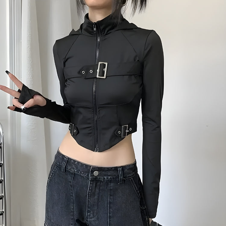 Stylish Work Outfits, Outfit Summer Ideas Cyberpunk Belted Zip-Up Crop Jacket