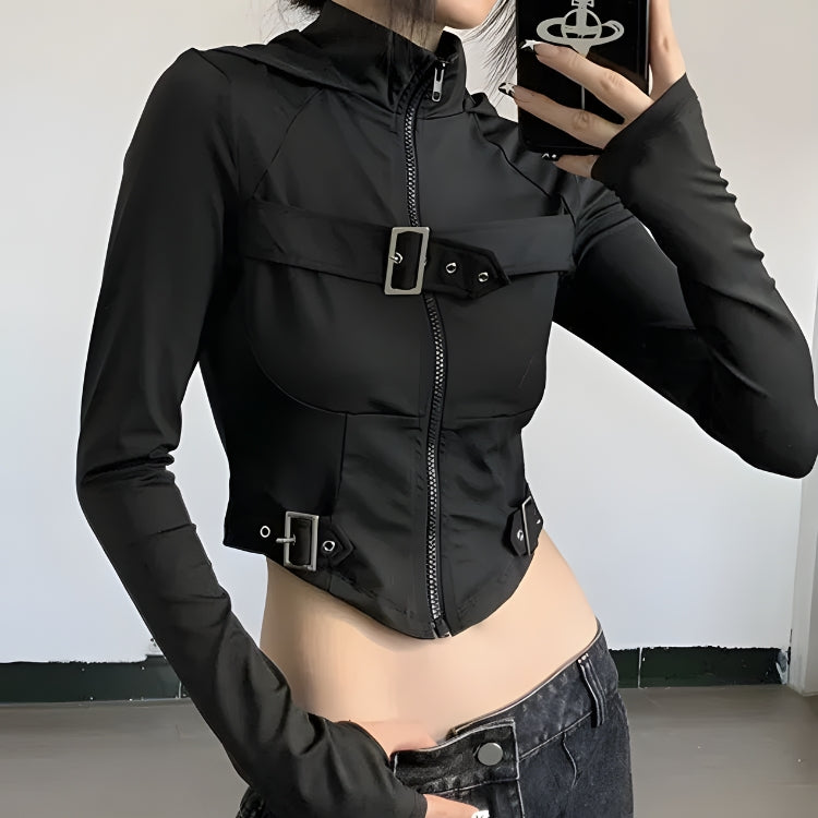 Stylish Work Outfits, Outfit Summer Ideas Cyberpunk Belted Zip-Up Crop Jacket Stylish Work Outfits, Outfit Summer Ideas Cyberpunk Belted Zip-Up Crop Jacket