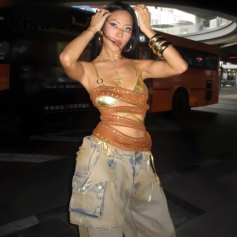 Stylish Work Outfits, Outfit Summer Ideas Cyberpunk Cut Out Tube Top