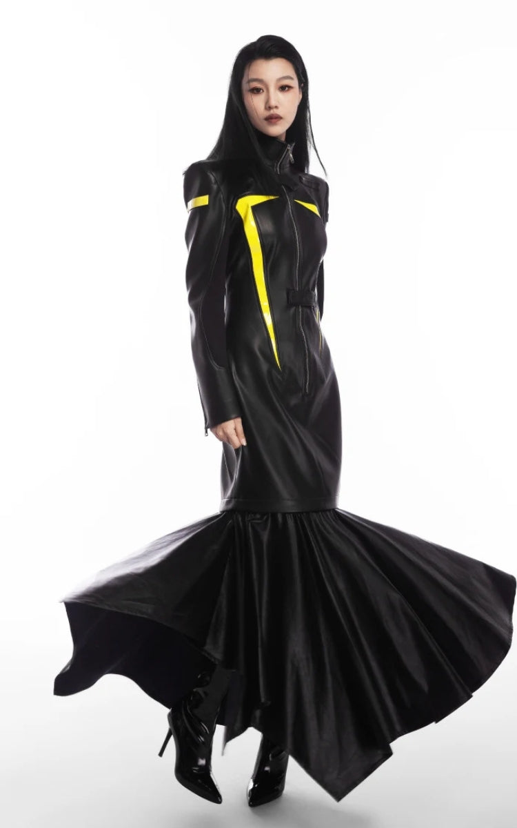 Stylish Work Outfits, Outfit Summer Ideas Cyberpunk Faux Leather Maxi Dress