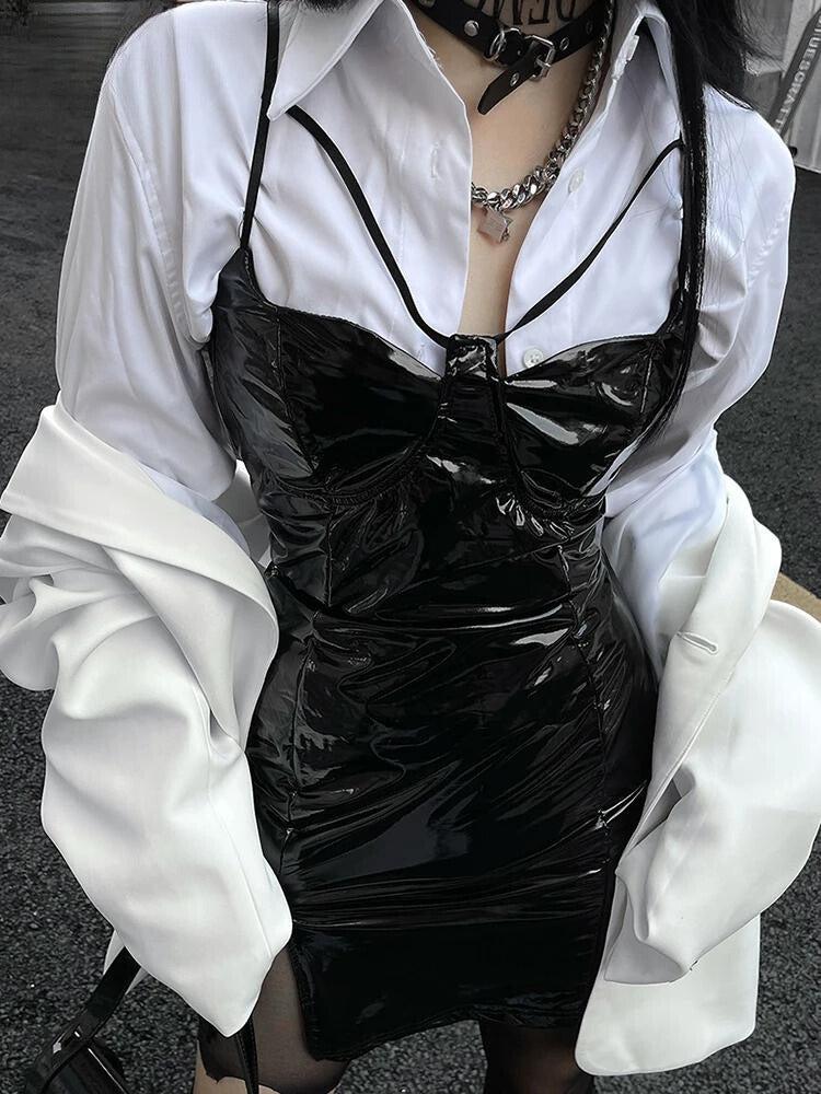 Stylish Work Outfits, Outfit Summer Ideas Cyberpunk Faux Patent Leather Mini Dress