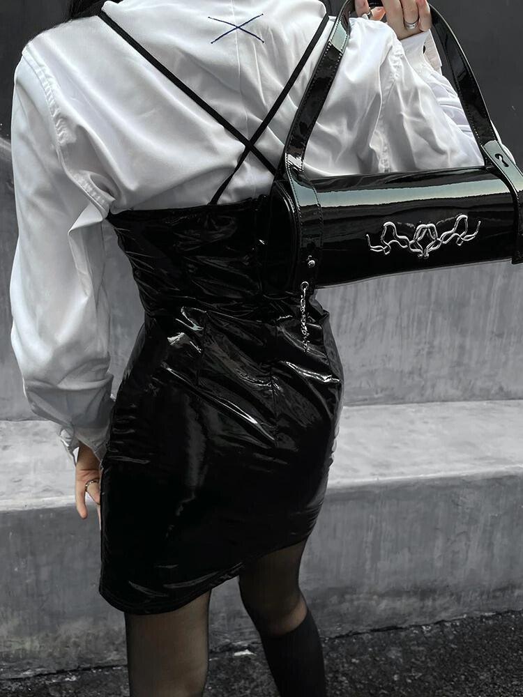 Stylish Work Outfits, Outfit Summer Ideas Cyberpunk Faux Patent Leather Mini Dress Stylish Work Outfits, Outfit Summer Ideas Cyberpunk Faux Patent Leather Mini Dress