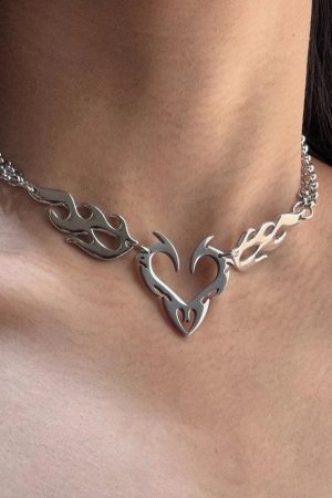 Stylish Work Outfits, Outfit Summer Ideas Cyberpunk Flame Heart Necklace