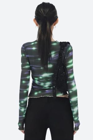 Stylish Work Outfits, Outfit Summer Ideas Cyberpunk Green Lights Mesh Top