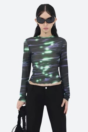 Stylish Work Outfits, Outfit Summer Ideas Cyberpunk Green Lights Mesh Top