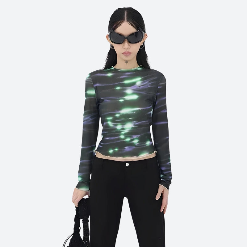 Stylish Work Outfits, Outfit Summer Ideas Cyberpunk Green Lights Mesh Top