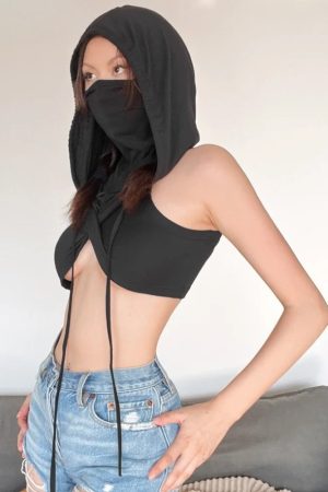 Stylish Work Outfits, Outfit Summer Ideas Cyberpunk Hooded Crop Top