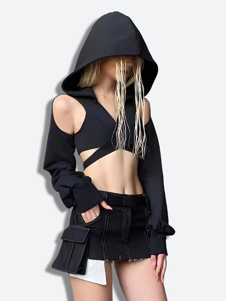 Stylish Work Outfits, Outfit Summer Ideas Cyberpunk Hooded Wrap Around Crop Top Stylish Work Outfits, Outfit Summer Ideas Cyberpunk Hooded Wrap Around Crop Top