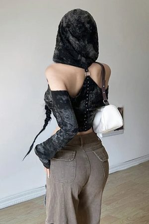 Stylish Work Outfits, Outfit Summer Ideas Cyberpunk Off Shoulder Hooded Top