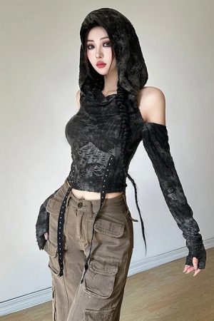 Stylish Work Outfits, Outfit Summer Ideas Cyberpunk Off Shoulder Hooded Top