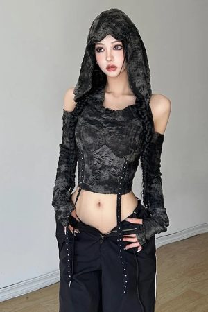 Stylish Work Outfits, Outfit Summer Ideas Cyberpunk Off Shoulder Hooded Top