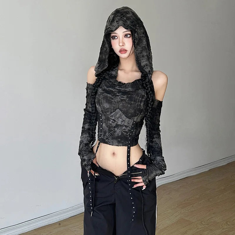 Stylish Work Outfits, Outfit Summer Ideas Cyberpunk Off Shoulder Hooded Top