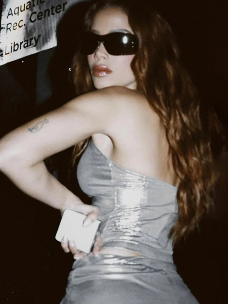 Stylish Work Outfits, Outfit Summer Ideas Cyberpunk Silver Halter Neck Top