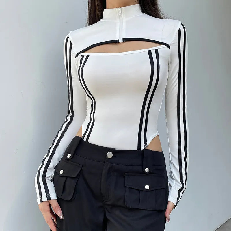 Stylish Work Outfits, Outfit Summer Ideas Cyberpunk Striped Cut Out Bodysuit