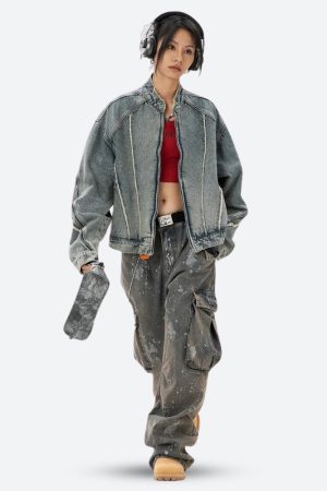 Stylish Work Outfits, Outfit Summer Ideas Cyberpunk Zip-Up Denim Jacket