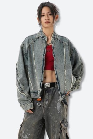 Stylish Work Outfits, Outfit Summer Ideas Cyberpunk Zip-Up Denim Jacket
