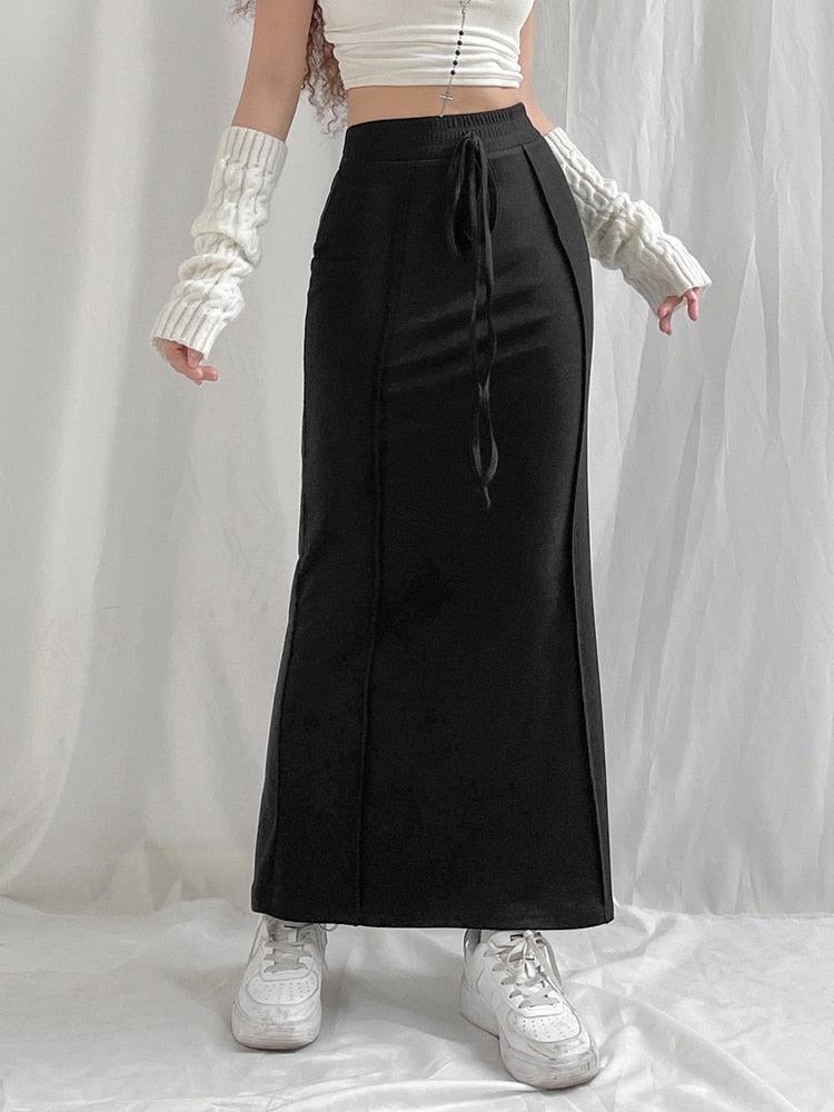 Stylish Work Outfits, Outfit Summer Ideas Dark Academia Drawstring Maxi Skirt