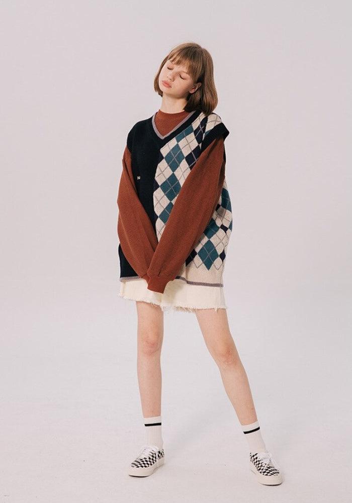 Stylish Work Outfits, Outfit Summer Ideas Dark Academia Half Argyle Sweater Vest Stylish Work Outfits, Outfit Summer Ideas Dark Academia Half Argyle Sweater Vest