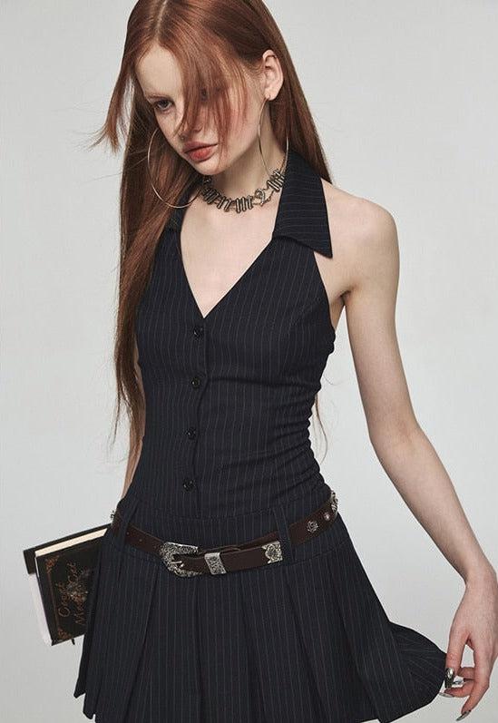 Stylish Work Outfits, Outfit Summer Ideas Dark Academia Halter Mini Dress