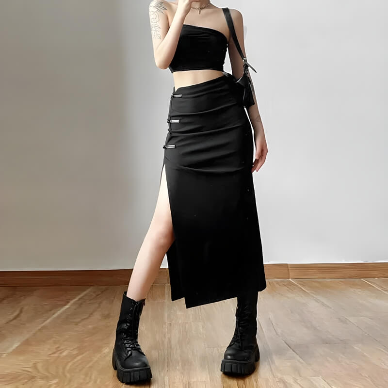Stylish Work Outfits, Outfit Summer Ideas Dark Academia High Split Midi Pencil Skirt