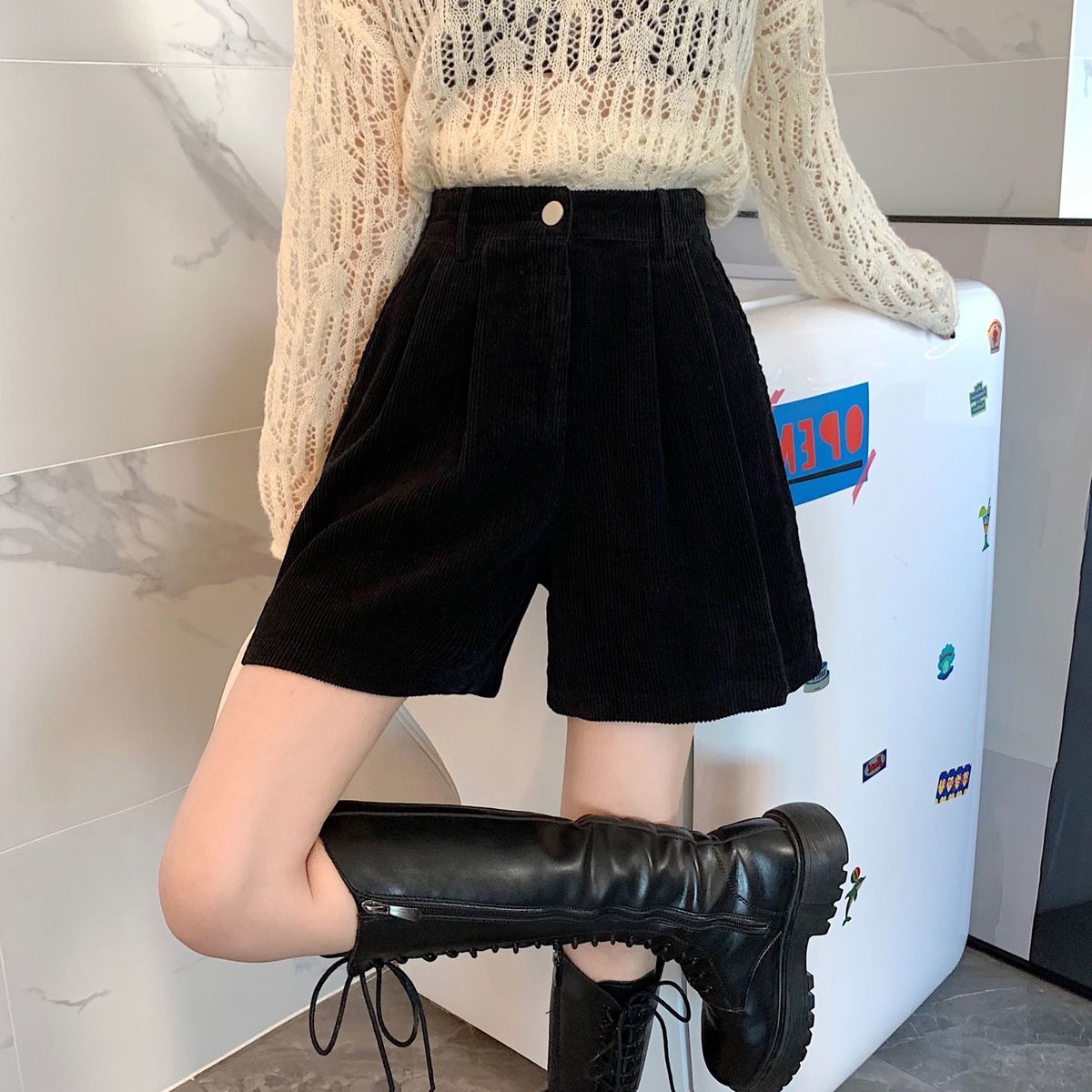 Stylish Work Outfits, Outfit Summer Ideas Dark Academia High Waist Corduroy Shorts Stylish Work Outfits, Outfit Summer Ideas Dark Academia High Waist Corduroy Shorts