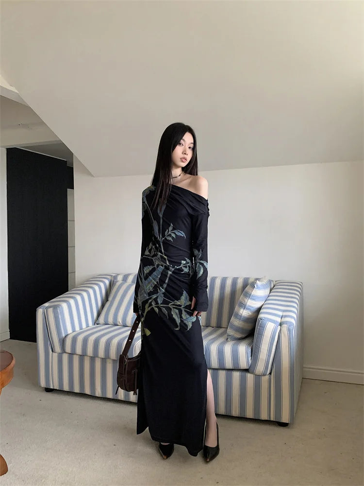 Stylish Work Outfits, Outfit Summer Ideas Dark Fairy One Shoulder Maxi Dress