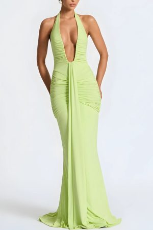 Stylish Work Outfits, Outfit Summer Ideas Deep Plunge Ruched Maxi Dress