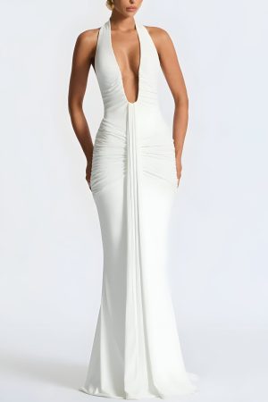 Stylish Work Outfits, Outfit Summer Ideas Deep Plunge Ruched Maxi Dress