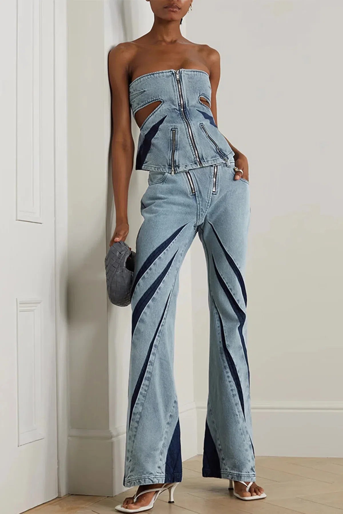 Stylish Work Outfits, Outfit Summer Ideas Denim Cut Out Tube Top & Patch Jeans Two Piece Set