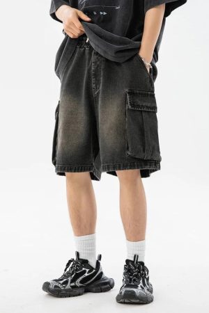 Stylish Work Outfits, Outfit Summer Ideas Denim Drawstring Wide Leg Cargo Shorts