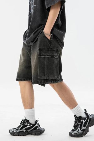 Stylish Work Outfits, Outfit Summer Ideas Denim Drawstring Wide Leg Cargo Shorts