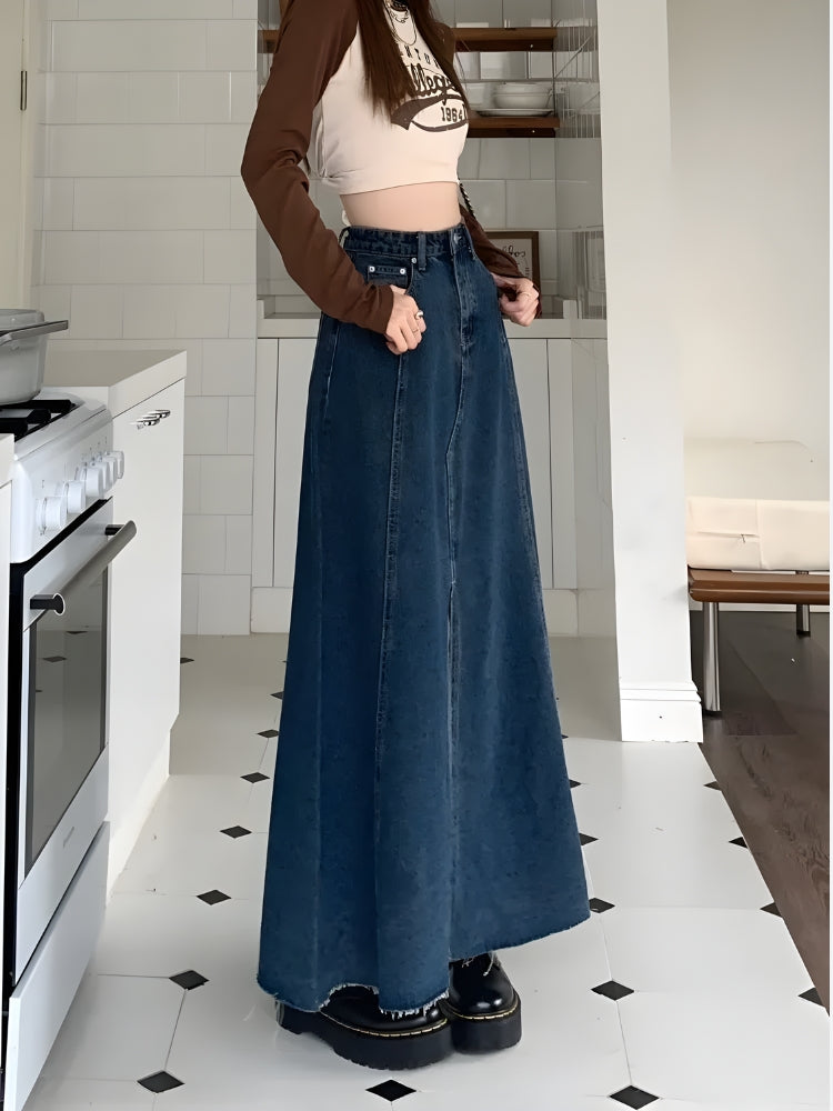 Stylish Work Outfits, Outfit Summer Ideas Denim Slit Frayed Hem Maxi Skirt Stylish Work Outfits, Outfit Summer Ideas Denim Slit Frayed Hem Maxi Skirt