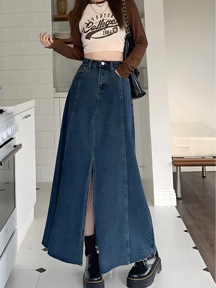 Stylish Work Outfits, Outfit Summer Ideas Denim Slit Frayed Hem Maxi Skirt Stylish Work Outfits, Outfit Summer Ideas Denim Slit Frayed Hem Maxi Skirt