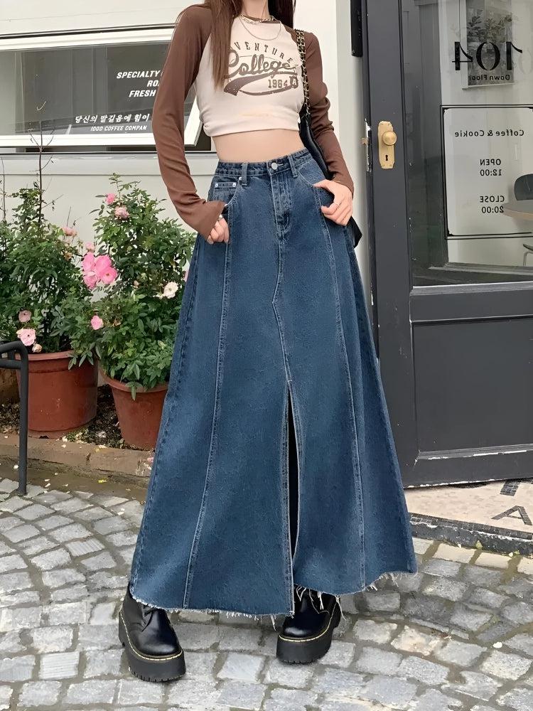 Stylish Work Outfits, Outfit Summer Ideas Denim Slit Frayed Hem Maxi Skirt