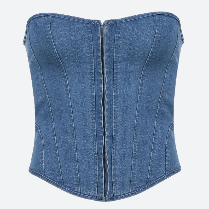 Stylish Work Outfits, Outfit Summer Ideas Denim Strapless Corset Top Stylish Work Outfits, Outfit Summer Ideas Denim Strapless Corset Top