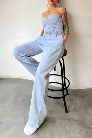 Stylish Work Outfits, Outfit Summer Ideas Denim Top & Pants Two Piece Set