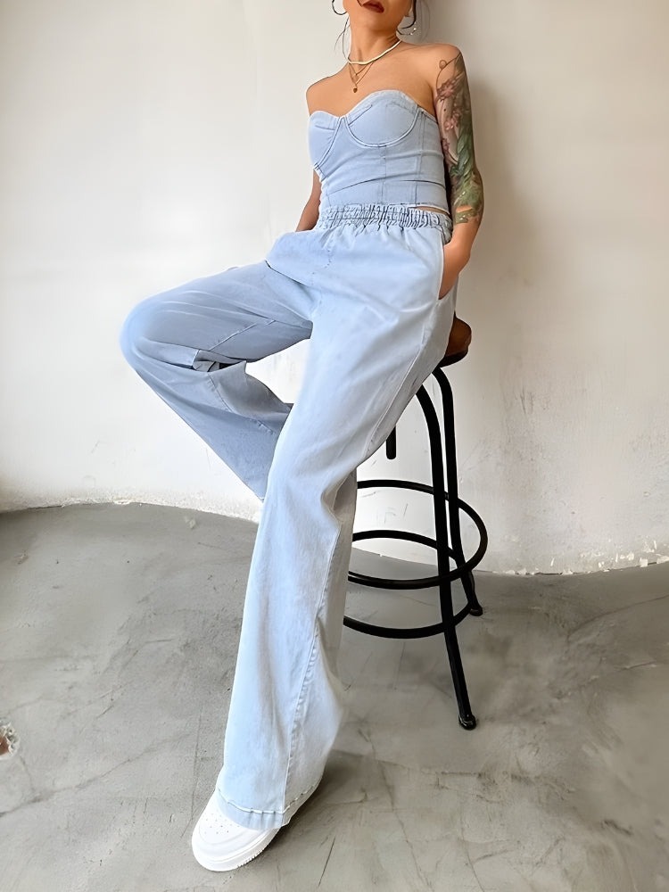 Stylish Work Outfits, Outfit Summer Ideas Denim Top & Pants Two Piece Set Stylish Work Outfits, Outfit Summer Ideas Denim Top & Pants Two Piece Set